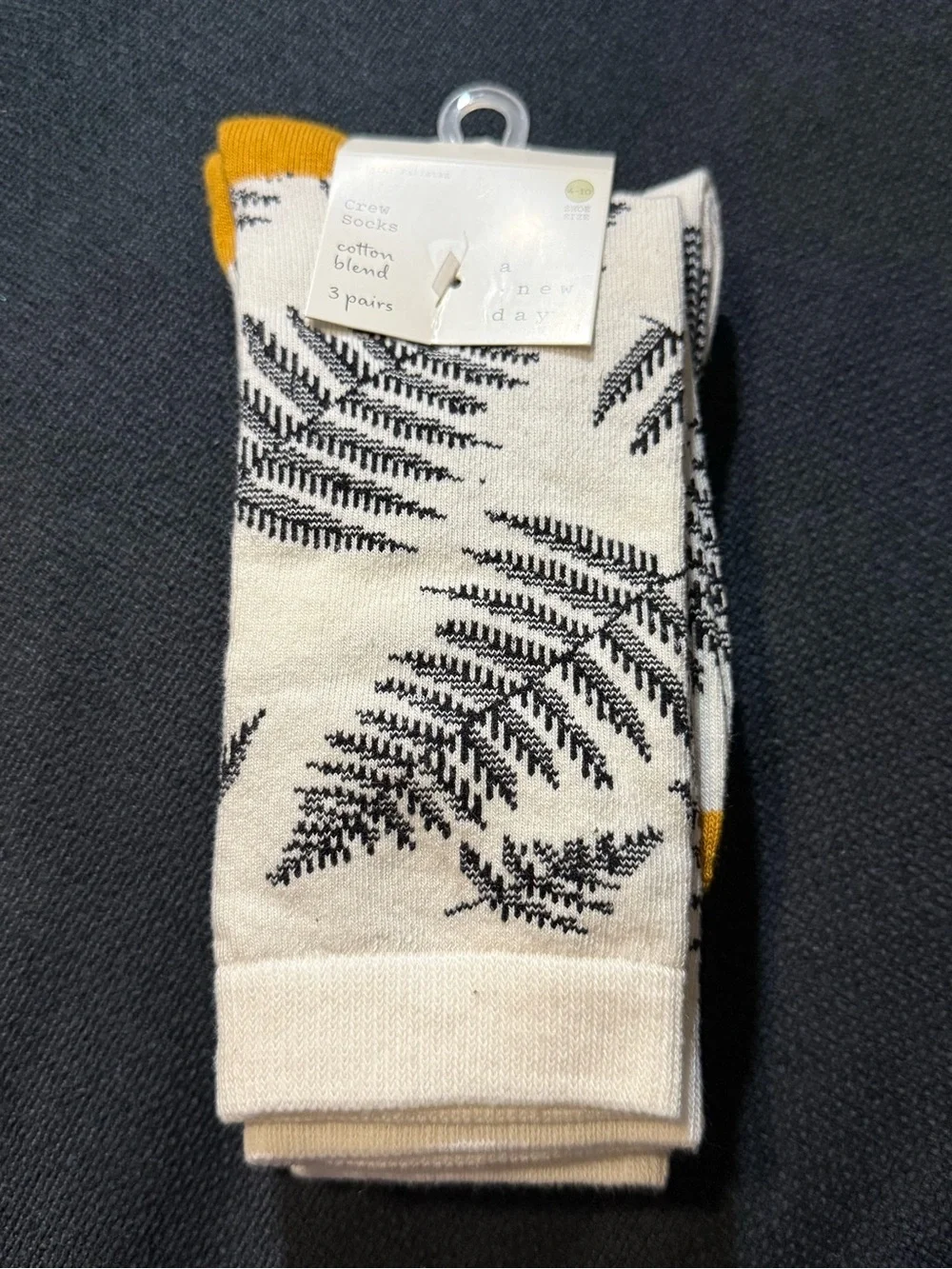 Muji Cream Crew Socks with Black Fern Motif and Mustard Accents